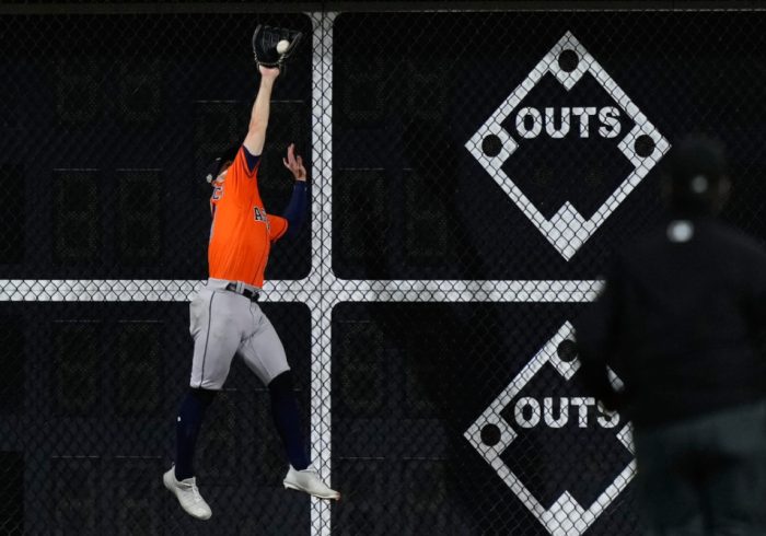 Watch: Astros Outfielder Makes Incredible Catch at Wall in 9th Inning of Game 5