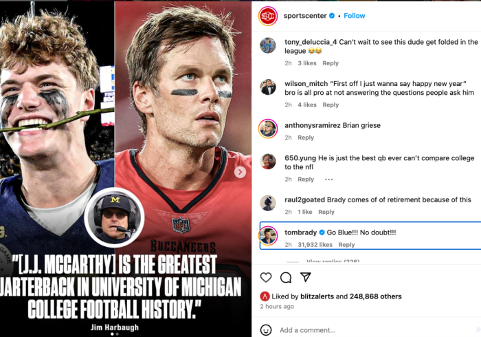 Tom Brady Had Perfect Four-Word Reply to J.J. McCarthy Being Named Best Michigan QB Ever
