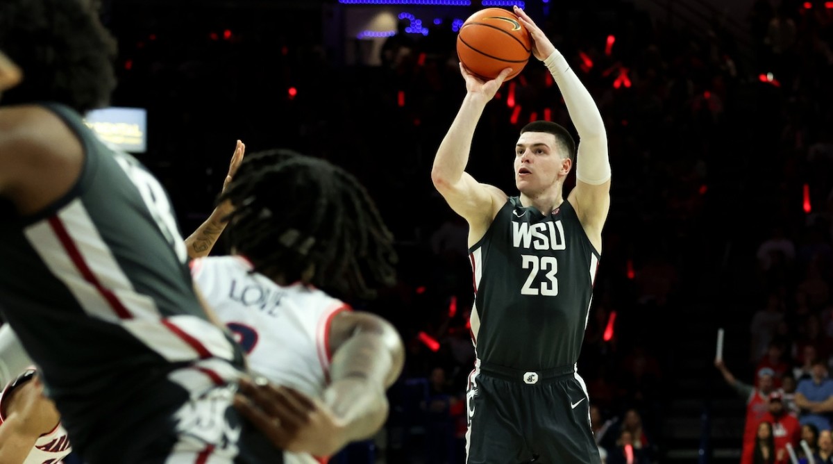 Washington State Cougars forward Andrej Jakimovski (23) shoots a basket against the Arizona Wildcats during the first half at McKale Center in Tucson, Arizona, on Feb. 22, 2024.