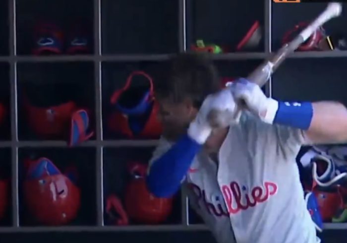 Bryce Harper Viciously Destroys Bat in Dugout After Striking Out vs. Giants