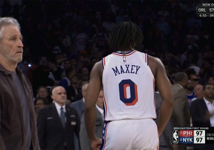 Jon Stewart Addresses Viral Reaction to Tyrese Maxey's Late-Game Flurry vs. Knicks