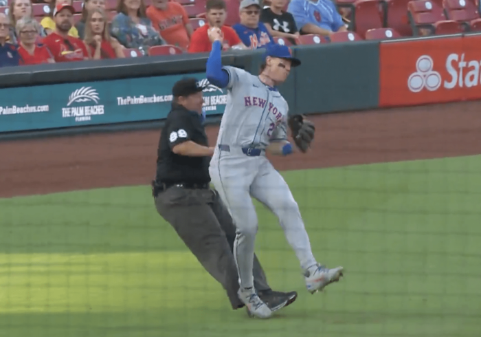 Mets' Brett Baty Hilariously Fell Over an Umpire While Trying to Make a Throw
