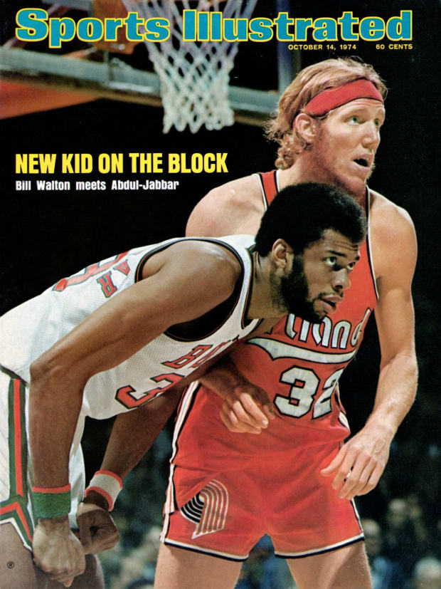 Portland Trailblazers Bill Walton with Milwaukee Bucks Kareem Abdul Jabbar in a preseason game. 